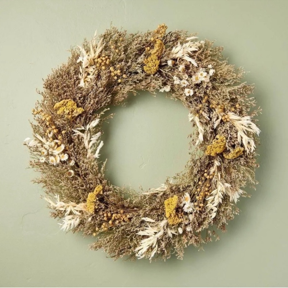 Hearth & Hand Preserved FALL Grass & Flower Brown 21" Hanging Wreath BRAND NEW